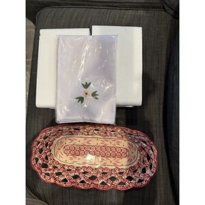 Temptations Ovenware By Tara  Old World Orange Bread Basket Lattice Hand Painted
